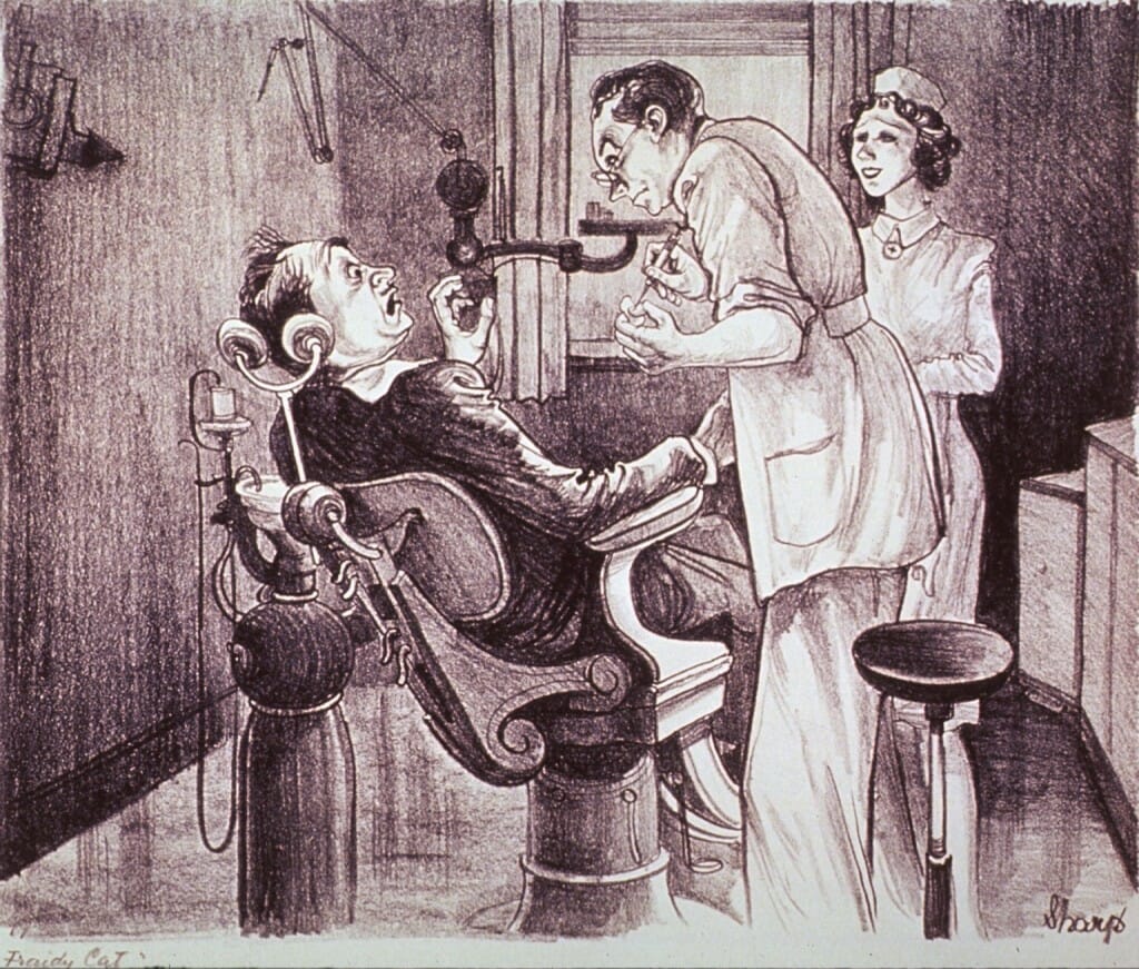 A fogorvos arca nem sugározhatott elég nyugalmat a beteg számára - 20. századi illusztráció.